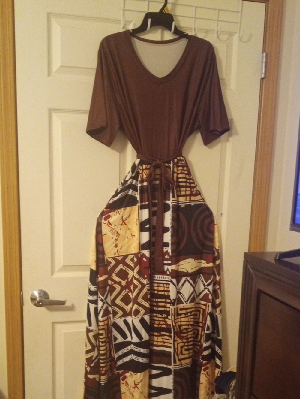 Brown V-Neck Maxi Dress with African-Inspired Print